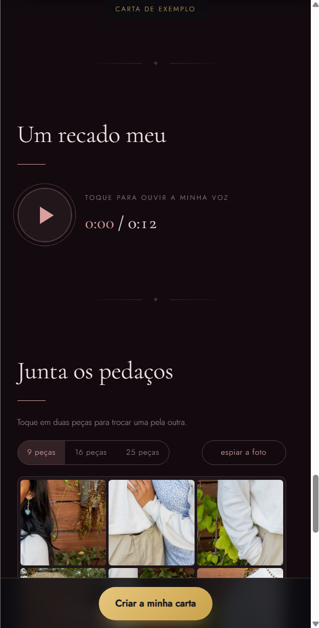 Recado de voz dentro da carta de amor, com o botão de tocar e a duração da gravação