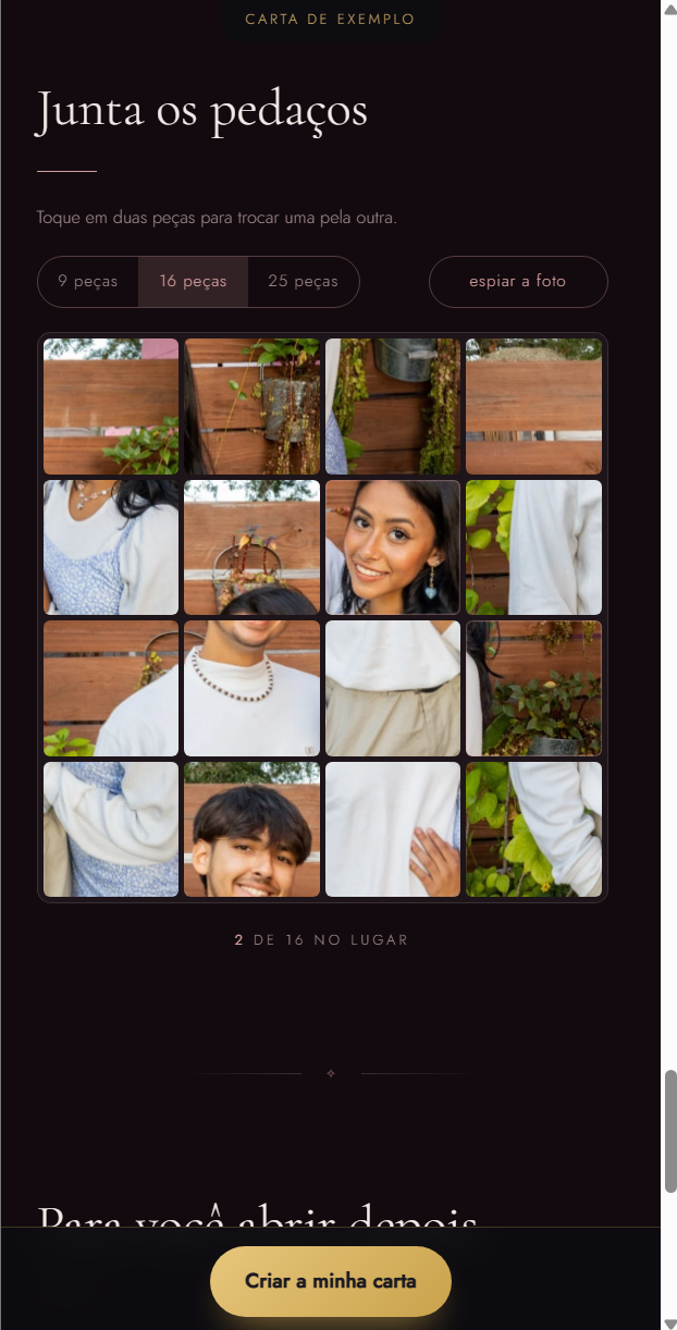 Quebra-cabeça dentro da carta, com uma foto do casal dividida em peças para quem recebe montar
