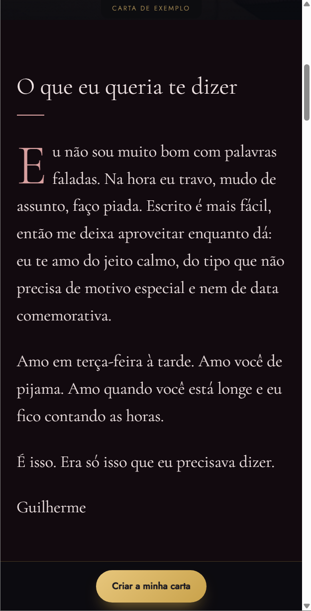 Seção de mensagem da carta, com a declaração escrita pelo próprio autor e a capitular em destaque