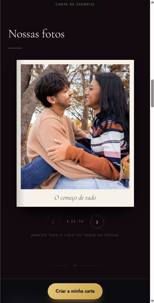 Seção de fotos da carta digital, com as imagens do casal montadas em polaroides e legendadas