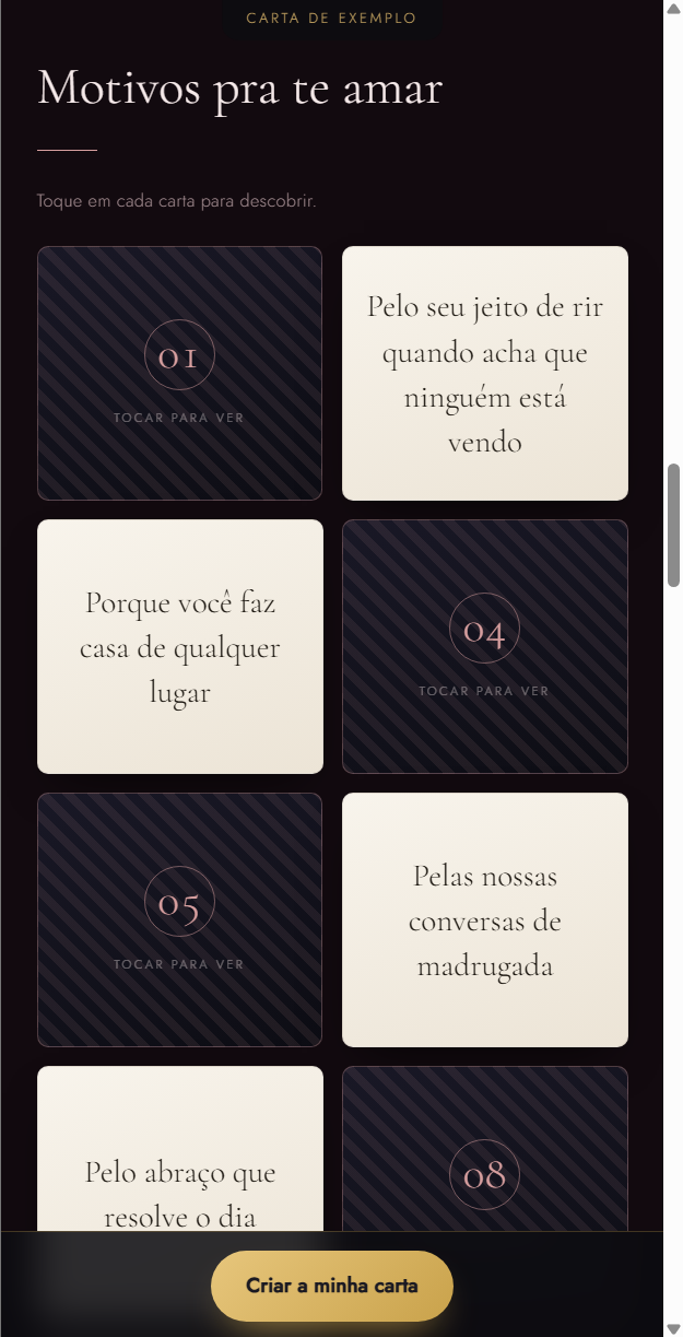 Seção motivos pra te amar, com as cartas numeradas viradas para baixo, que abrem ao toque