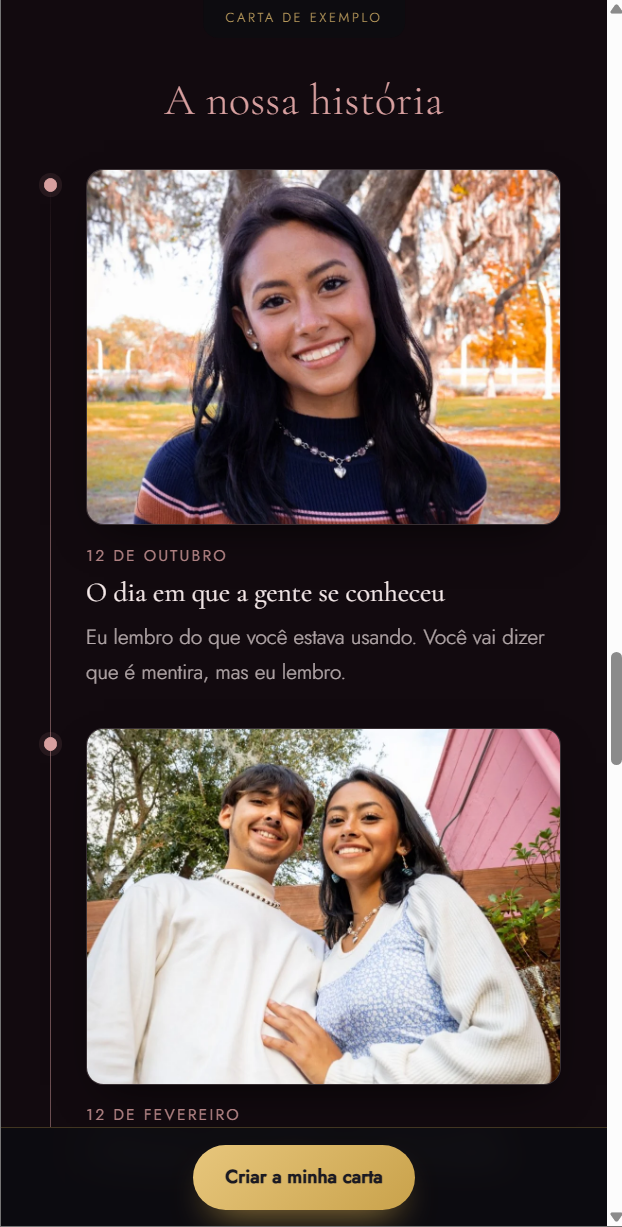Linha do tempo da carta, com as fotos e as datas marcantes do casal em ordem cronológica
