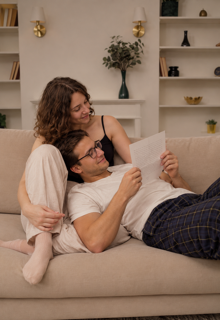 Casal abraçado lendo uma carta de amor para namorado juntos no sofá