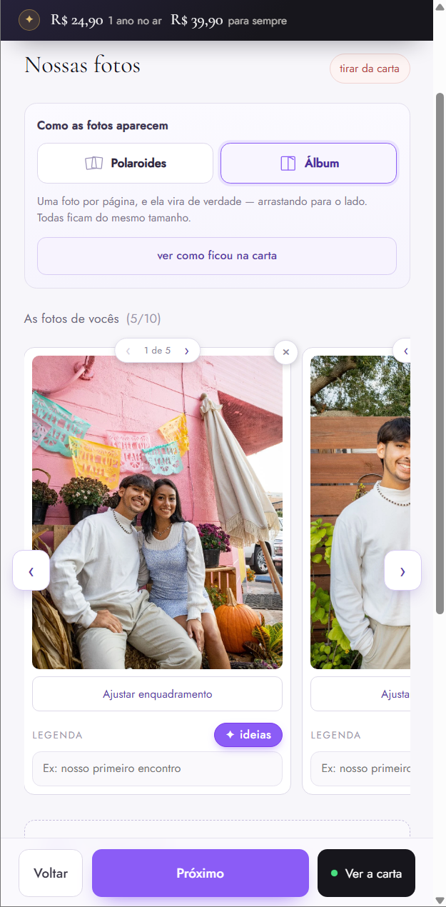 Editor da Carta Romântica aberto na etapa das fotos, com as imagens do casal já carregadas e a escolha entre polaroides e álbum