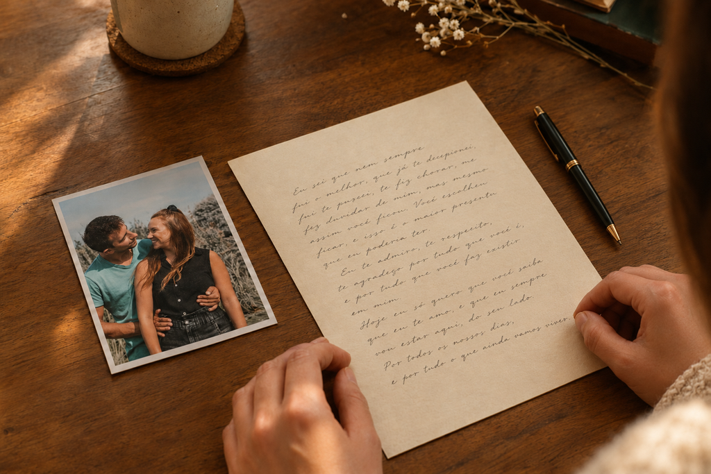 Mão escrevendo uma carta de amor para namorado em papel ao lado de uma foto do casal.